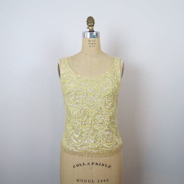 Vintage 1960s beaded sweater tank top yellow silk cashmere evening cocktail 