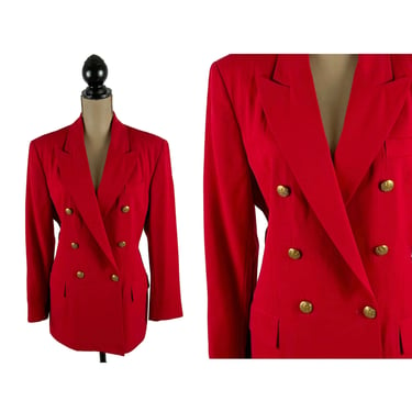 90s Red Blazer Large, Double Breasted with Gold Buttons, 100% Wool Gabardine Jacket, 1990s Clothes for Women, Vintage Ann Taylor Size 12 