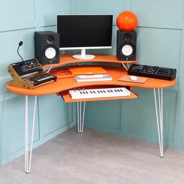 Space Age Inspired Custom Curved Corner Computer Desk / Music Gaming Workstation - Studio - Orange - Hairpin Legs - Retro Mid Century Style 