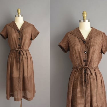 1950s dress | Chocolate Brown Swiss Dot Cotton Dress | Medium | 50s vintage dress 