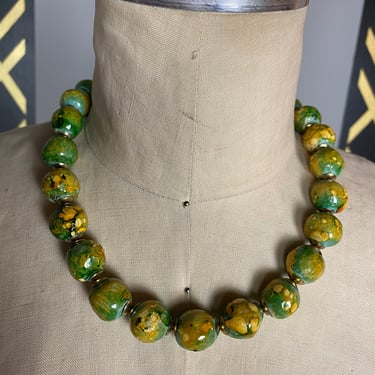 1970s beaded necklace, green and yellow, handpainted, vintage necklace, artisan jewelry, wearable art, pottery beads, stoneware, hippie 