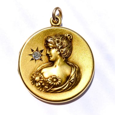 Antique Art Nouveau 10K Gold Mine Cut Diamond Locket Woman w/ Flowers Victorian 