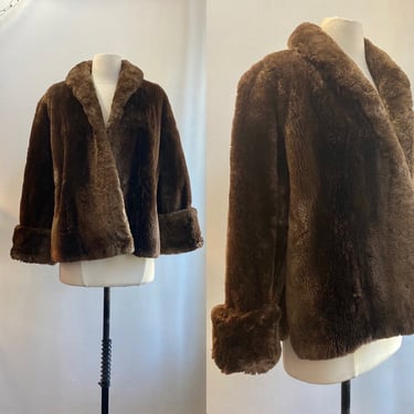 Vintage 40s 50s Mouton Fur Coat / Brown Shearling / Swing Style + Shawl Collar + Wide Cuffs + Pockets / City Paris San Francisco 