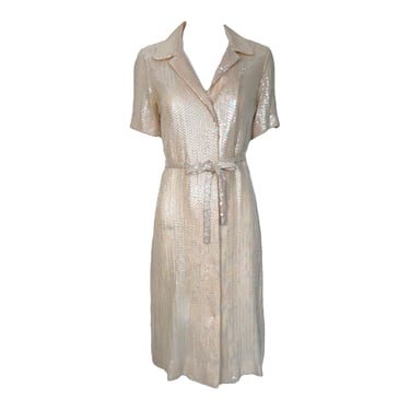 Halston 1974 Resort Cream Sequin Shirt Dress + Tie Belt