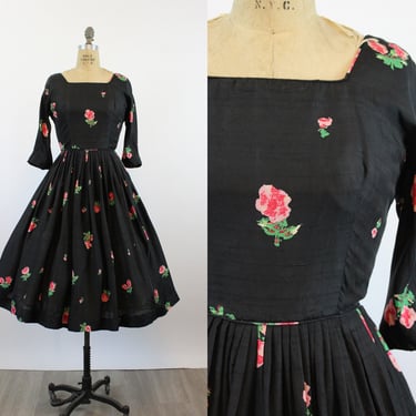 1950s SILK ROSE print dress small | new spring 