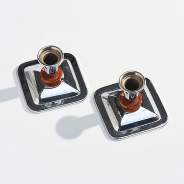 Vintage Art Deco Chrome and Bakelite Candle Holders // Pair of 1930s Silver Toned Taper Candlestick Holders with Orange Bakelite Details 