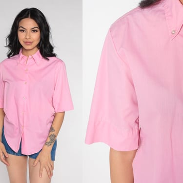 Pink Blouse 80s Button Up Shirt Retro Plain Short Sleeve Collared Top Basic Simple Preppy Professional Minimalist Vintage 1980s Medium M 