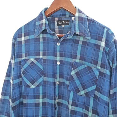 vintage button up / plaid flannel shirt / 1970s blue plaid cotton flannel button up shirt Medium 