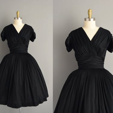 1950s vintage dress | Gorgeous Jet Black Ruched Full Skirt Cocktail Party Dress | Large | 50s dress 