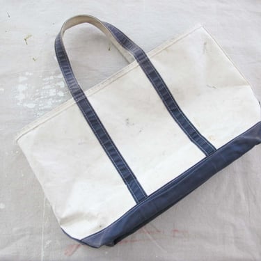 Vintage LL Bean Bote and Tote XL Zip Top - White and Blue - Faded Worn In Distressed Canvas Bag - Workwear 