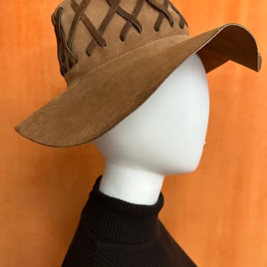 Iconic Boho Vintage 70s Light Brown Suede Wide Brim Hat with Criss Cross Decoration 