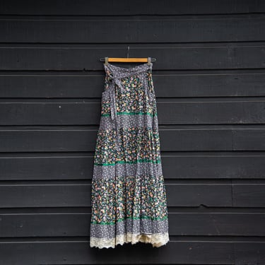 70s Gunne Sax Skirt | Gunnies Calico Cotton Lace Floral Maxi Prairie Skirt | XS Small 