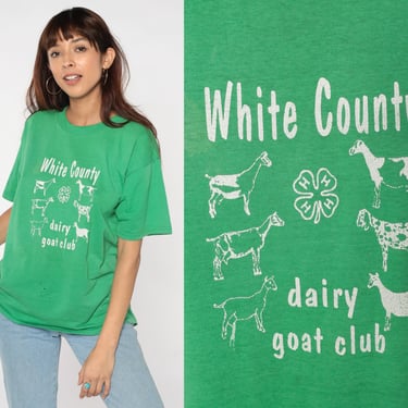 Goat Farm T-Shirt 90s White County Dairy T-Shirt Georgia 4-H Retro Farming Animal Shamrock Clover Graphic Tee Green Vintage 80s Large xl 