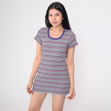 Vintage Striped T-Shirt Dress 90s Y2K Bodycon Micro Mini Dress 1990s Retro Purple Rainbow Ringer Scoop Neck Tight Tshirt Dress Small Medium 