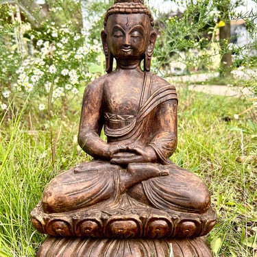 Vintage Wooden Buddha Meditation Statue Hand Carved Wooden Tibetan Buddhism 13” 