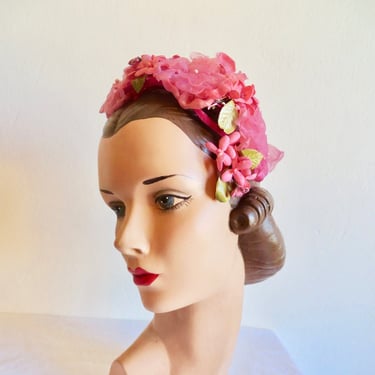 1950's Pink Silk and Paper Floral Fascinator Hat Headpiece Green Leaves Spring Summer 50's Millinery Headpiece Bridal Wedding 