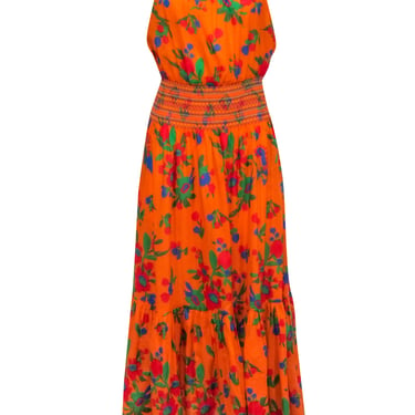 Tory Burch - Orange &amp; Multi Color Smocked Waist Sleeveless Maxi Dress Sz S