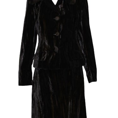 Dolce and Gabbana 90s Black Velvet Skirt Suit With Faux Fur Collar