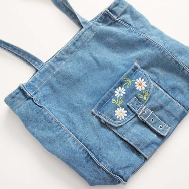 Vintage 90s 2000s Denim Purse - Blue Jean Tote Bag Embroidered Daisy Flowers - Long Strap Tote Bag 