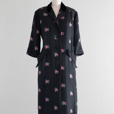 Elegant Late 1950's Floral Print Silk Coat By Mollie Parnis / ML