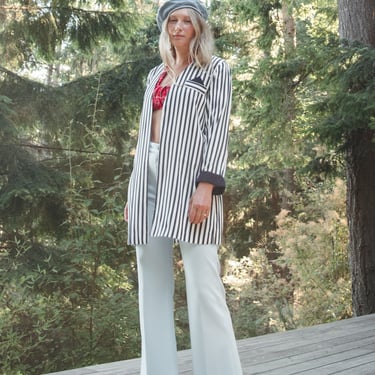 80s 90s Navy + White Striped Blazer Jacket, Preppy Oversized Long Open Jacket / Belted Mini Dress 