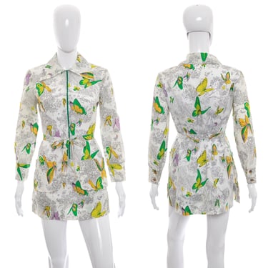 1960's White and Multicolor Butterfly Print Mini Dress Size M