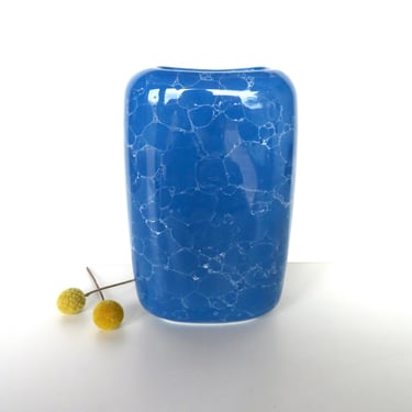 1980s Deco Modern Ceramic Pillow Vase In Blue Bubble Glaze, Rounded Rectangular Post Modern Vase 