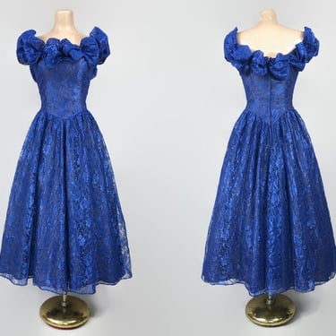 VINTAGE 80s Bright Blue Lace Full Sweep Party Dress | 1980s Off Shoulder Tea Length Formal Prom Dress | vfg 