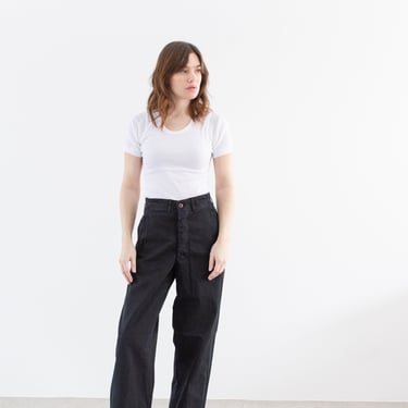 Vintage 26 Waist Black Cotton Twill Chinos | High Rise Button Fly | Unisex Straight Leg Utility Pant Trouser | P178 