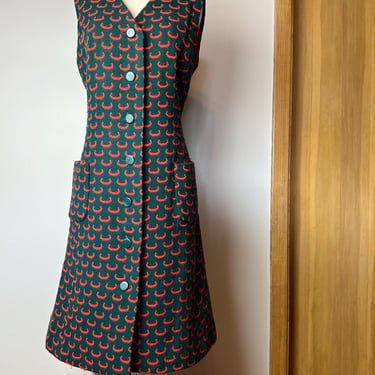 60’s Vivid knit Vest- dress~ Dark green with Orange groovy print Mod button down sleeveless frock~ nerdy Retro vibes~ super cute/ size 6-8 