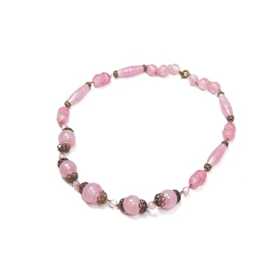 1930s Necklace ~ Vintage Venetian Pink Glass and Filigree Beaded Necklace 