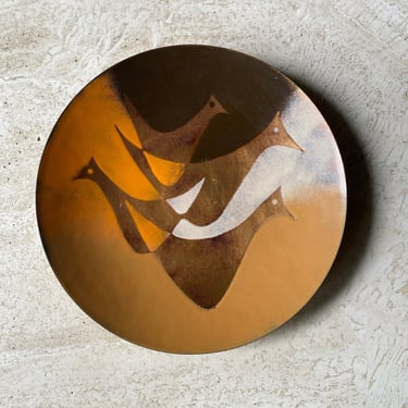Midcentury Modern Robert Wuersch large birds enamel on copper centerpiece tray 