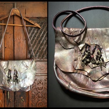 Vintage ‘80s hand crafted artisan shoulder bag | iridescent metallic leather purse with beaded tassels, one of a kind 
