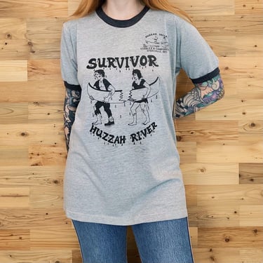 Buttery Soft 70's Vintage Huzzah Valley River Survivor Paper Thin Ringer Tee Shirt T-Shirt 