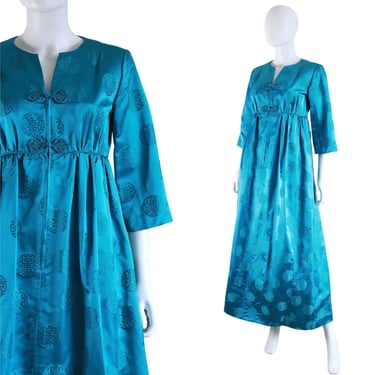 1960s Teal Satin Hostess Gown - Vintage Lord & Taylor Dressing Gown - Vintage Hostess Dress - Satin Dressing Gown | Size Small /Medium 