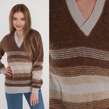 70s Sweater Striped Brown Terry Cloth Grey V Neck Sweater Knit Pullover Jumper Seventies Ringer Acrylic Mohair Vintage 1970s Small Medium 