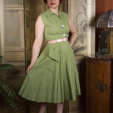 1950s Dress - Vintage 50s Heavy Cotton-Linen Two Piece Set with Deep Pocket Skirt and Large Shell Button 
