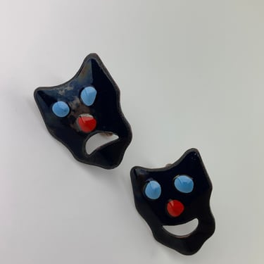Vintage Comedy & Tragedy Cuff Set - Colored Enamel on Copper - Awesome Animated Faces 