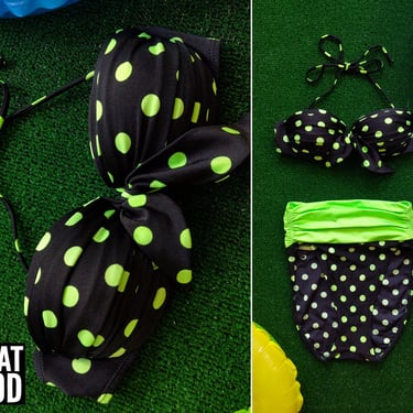 80s Pin-Up Vintage Neon Green & Black Polka Dot Bikini Swimsuit 