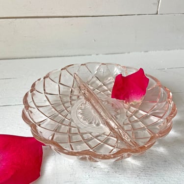 Vintage Pink Depression Glass Divided Candy Dish, Ring Dish, Jewelry Dish // Pink Catch All, Boho Key Dish // Perfect Gift 