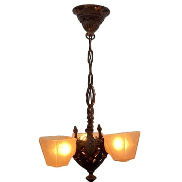 1932 "Norwich" 3 Light Slip Shade by Moe Bridges with Original Copper Finish #2434 Tudor Revival Pendant Chandelier Antique Chandelier Light 