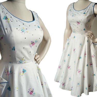 Vintage 50s Dress Rockabilly Novelty Print & Rhinestone Circle Skirt M 