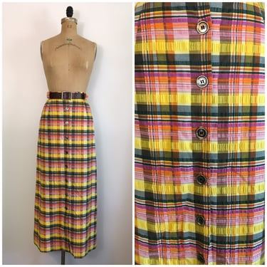 Vintage 1970s Prestige Yellow Plaid Maxi Skirt 70s Seer Sucker Long Skirt 