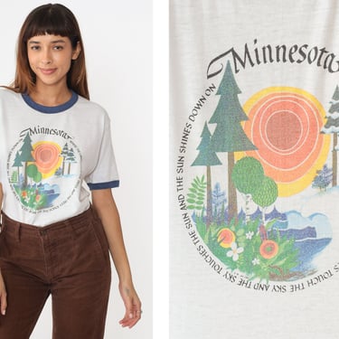 80s Minnesota Shirt Where the Lakes Touch the Trees Ringer Tee Graphic Tee Nature Sun Tree Tshirt Tourist Vintage Retro T Shirt 1980s Medium 