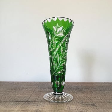 Vintage Bohemia Hand Cut Crystal with Emerald Green Overlay Vase 