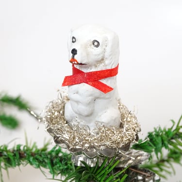 Antique 1940's German Dog Clip Ornament with Tinsel, Hand Painted for Christmas Nativity Creche or Putz 