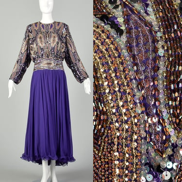 Jack Bryan Purple Evening Gown Beaded Formal Dress Long Sleeve Flowy Skirt 