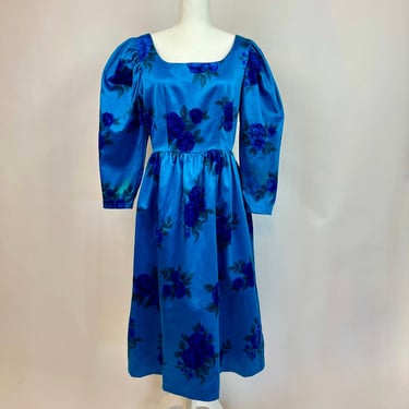 1980s The Silk Farm Floral Turquoise Dress 