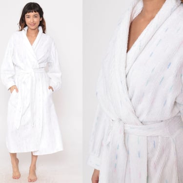 White Terry Cloth Robe 80s Pastel Striped Dressing Gown Midi Pajama Bath Robe Vintage 1980s Wrap Retro Pink Blue Long Sleeve Medium Large 