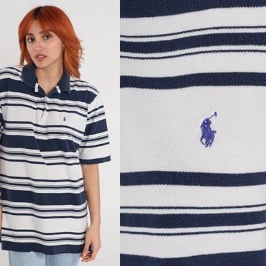 Polo Golf Shirt 90s Ralph Lauren White Navy Blue Striped Shirt 90s Quarter Button Up Tshirt Short Sleeve Vintage Retro Men's Large L 